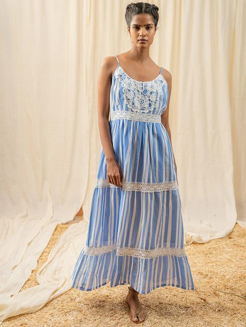 women blue stripes printed fit & flare dress - 20807327 -  Standard Image - 0