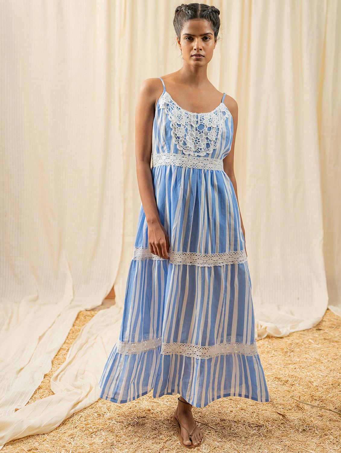 women blue stripes printed fit & flare dress - 20807327 -  Zoom Image - 0