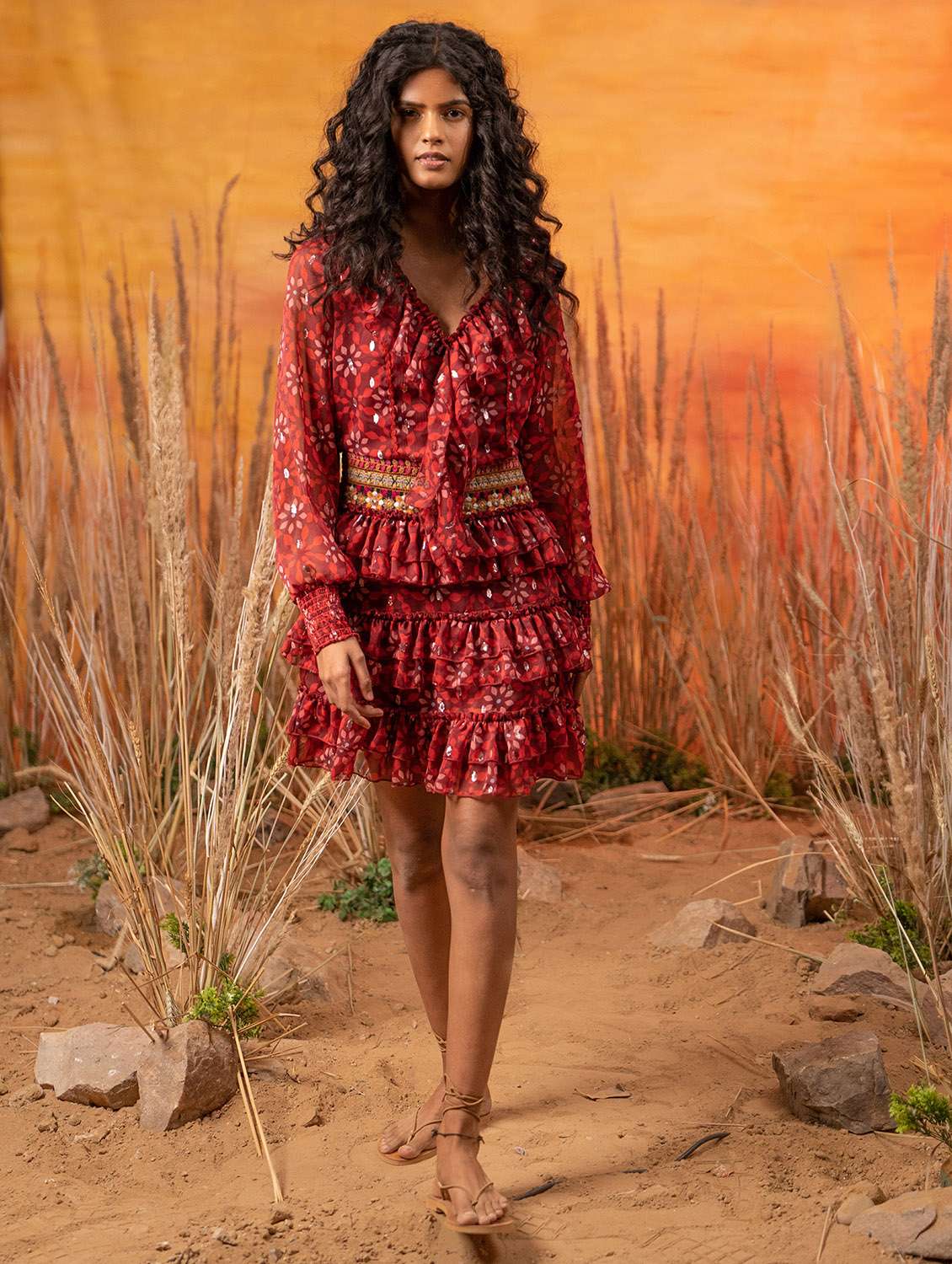 women red printed layered dress