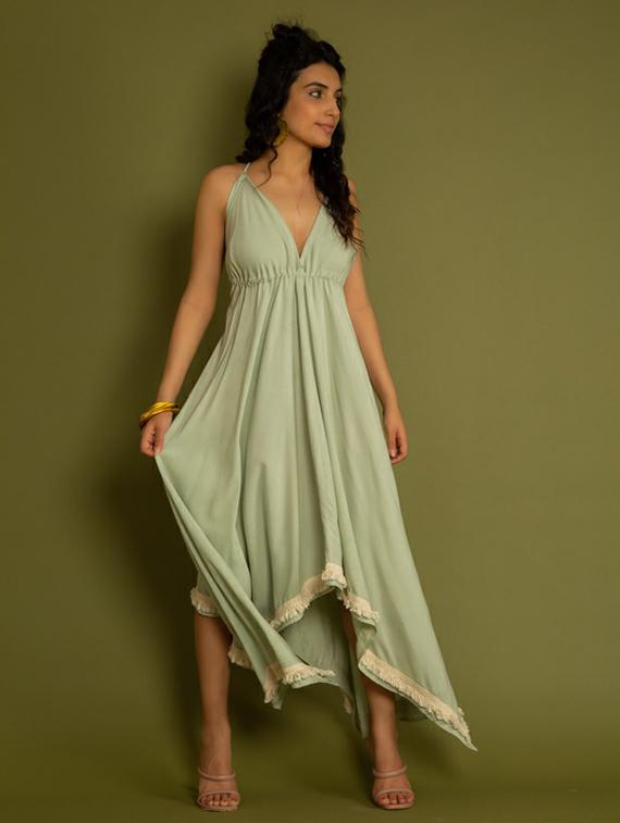 women green solid with work a-line dress - 20807350 -  Standard Image - 1