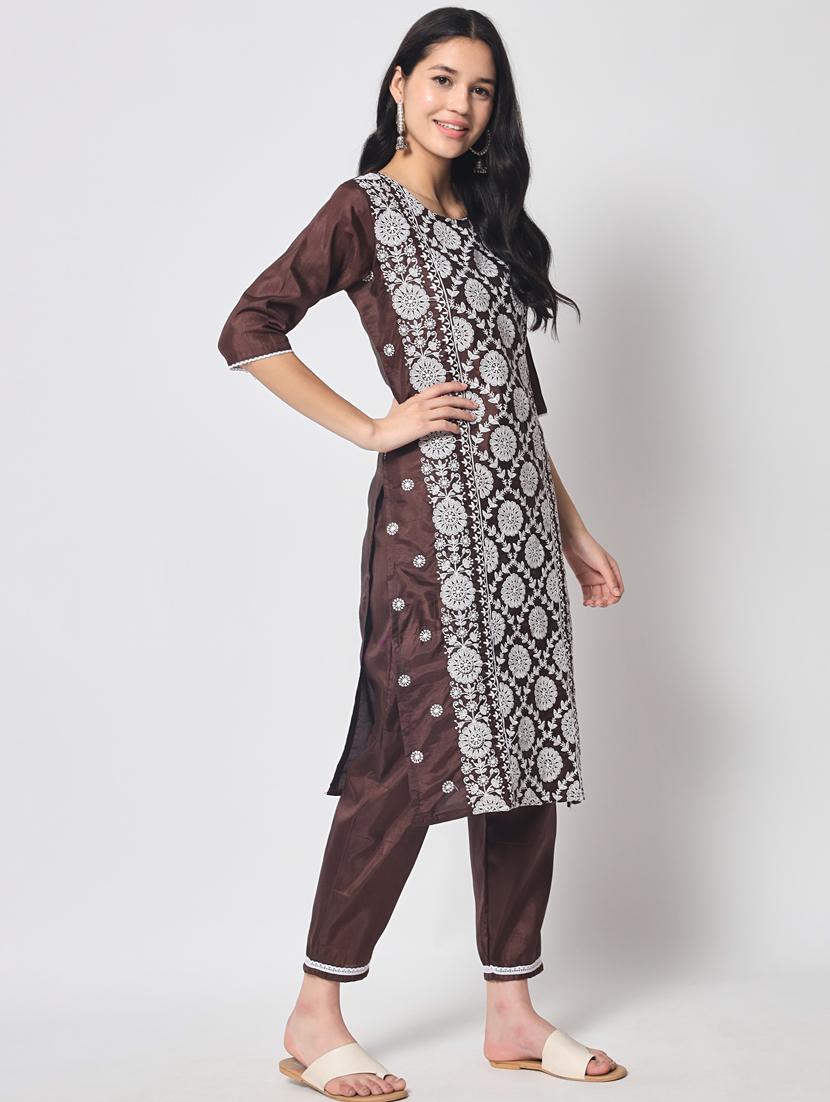 brown three quarter sleeve kurta pant set - 20809499 - Standard Image - 1