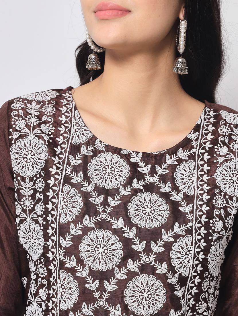 brown three quarter sleeve kurta pant set - 20809499 - Standard Image - 4