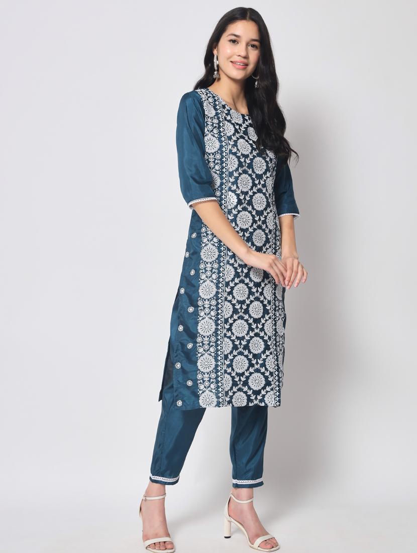 teal three quarter sleeve kurta pant set - 20809502 -  Standard Image - 1
