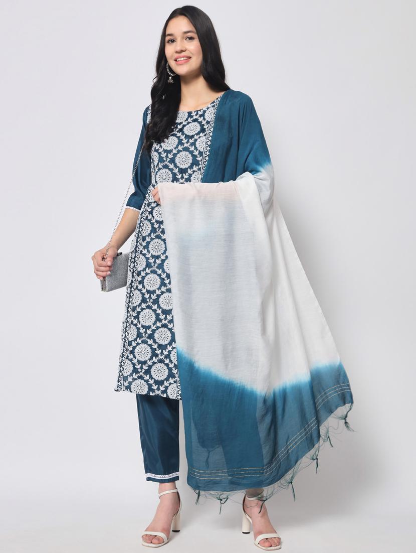 teal three quarter sleeve kurta pant set - 20809502 - Standard Image - 4