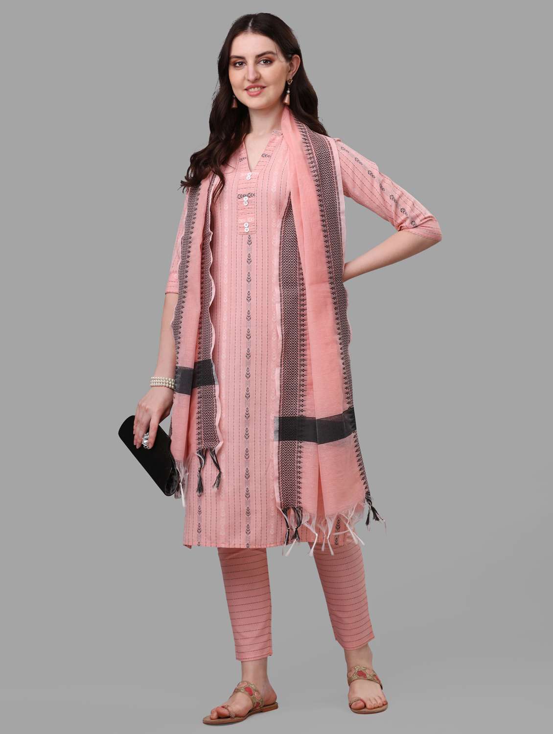 women peach mandarin neck kurta pant set - 20809538 - Standard Image - 4