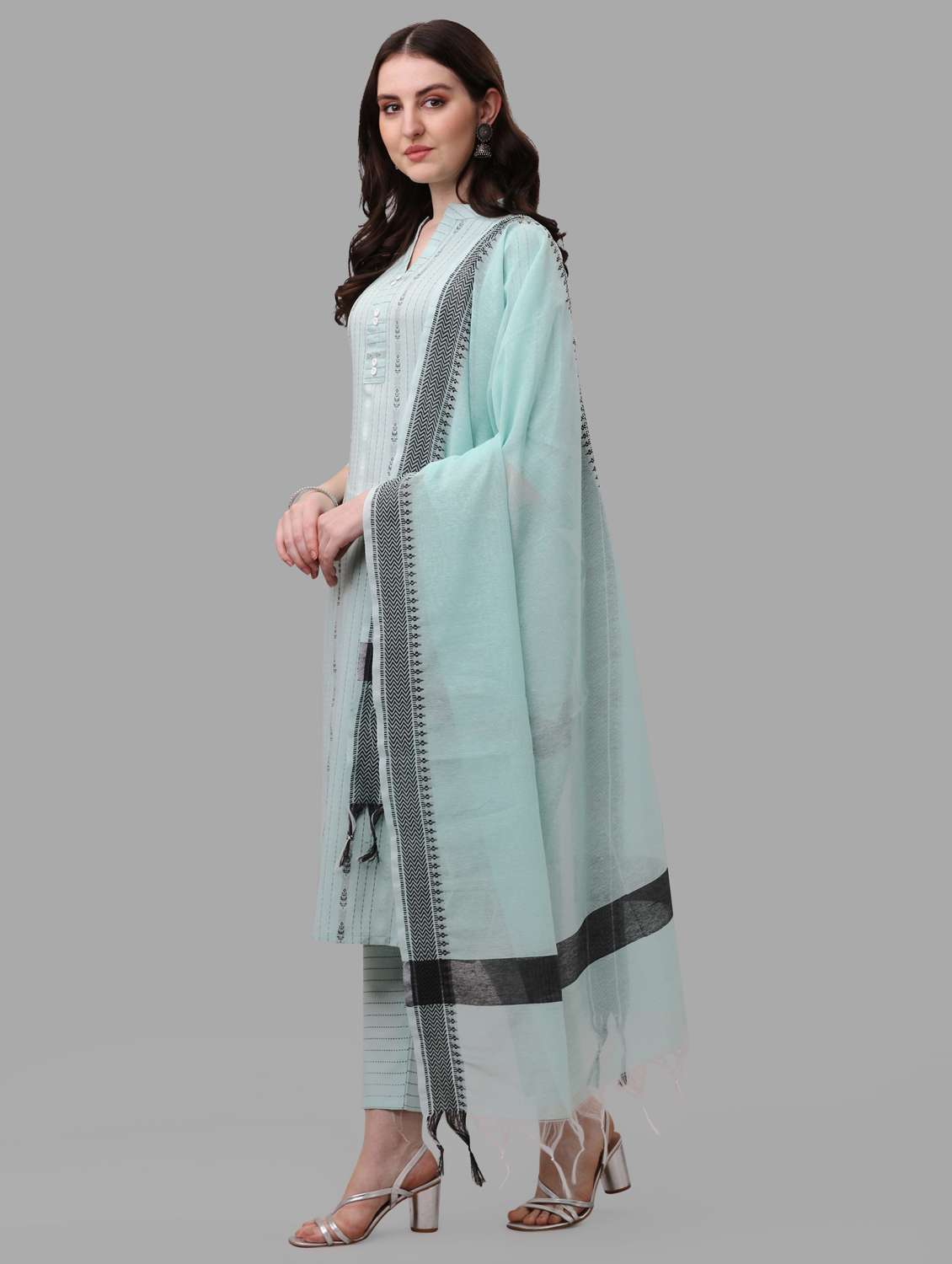 light blue three quarter sleeve kurta pant set - 20809551 -  Standard Image - 1
