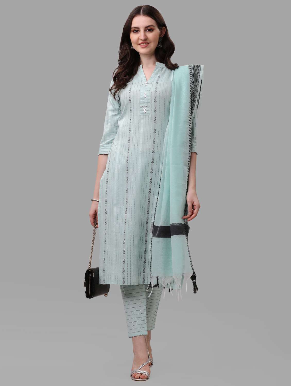 light blue three quarter sleeve kurta pant set - 20809551 - Standard Image - 4