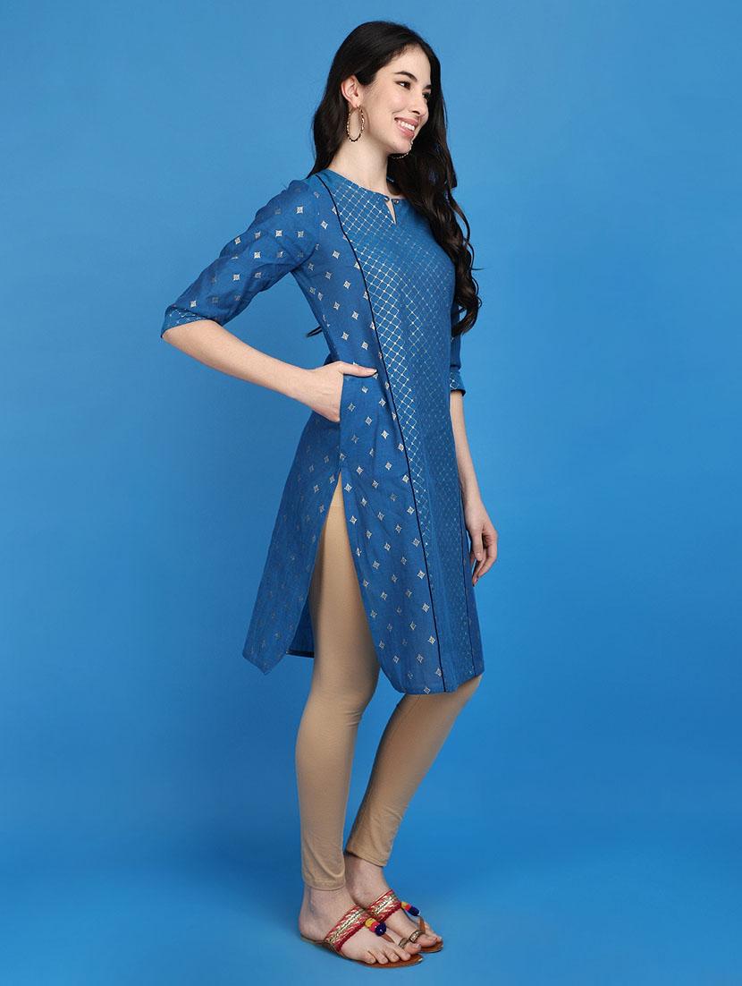 women blue key hole neck a-line kurta - 20809748 - Standard Image - 1