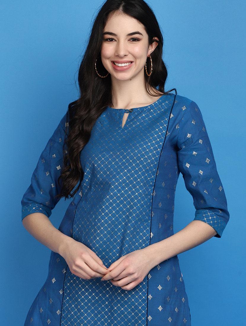 women blue key hole neck a-line kurta - 20809748 - Standard Image - 4