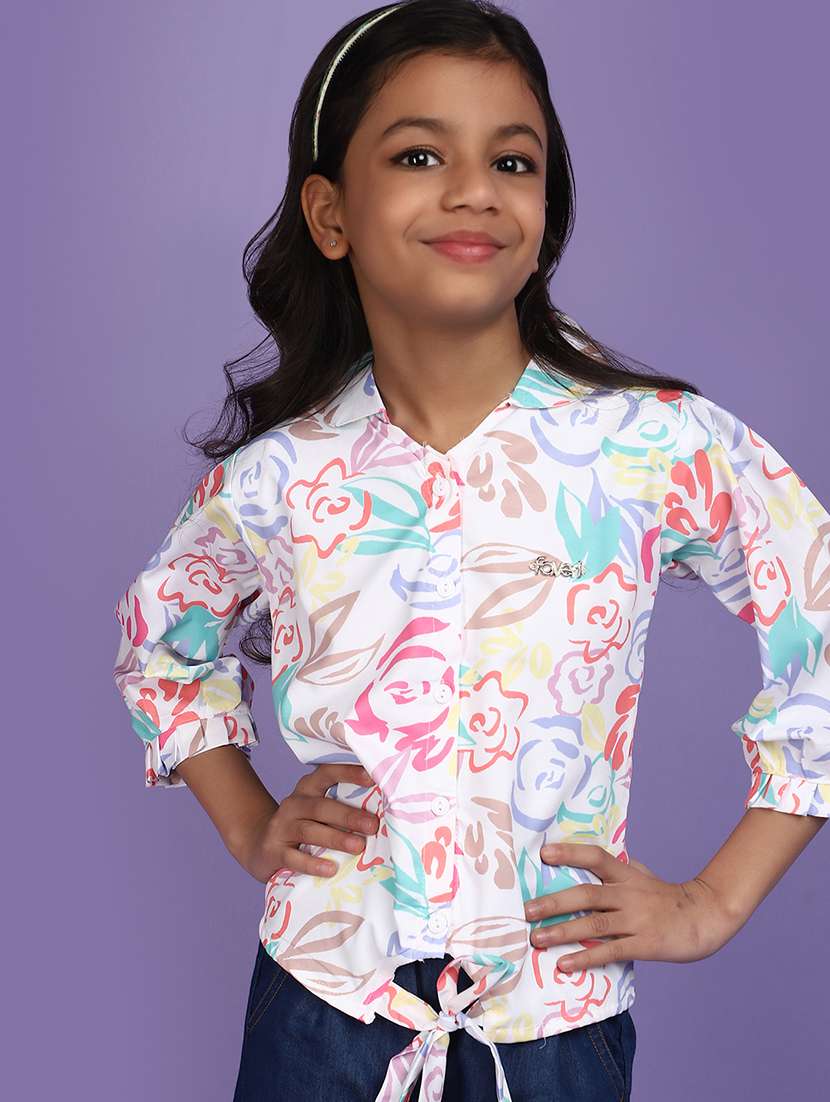 white printed knot detailed shirt style top