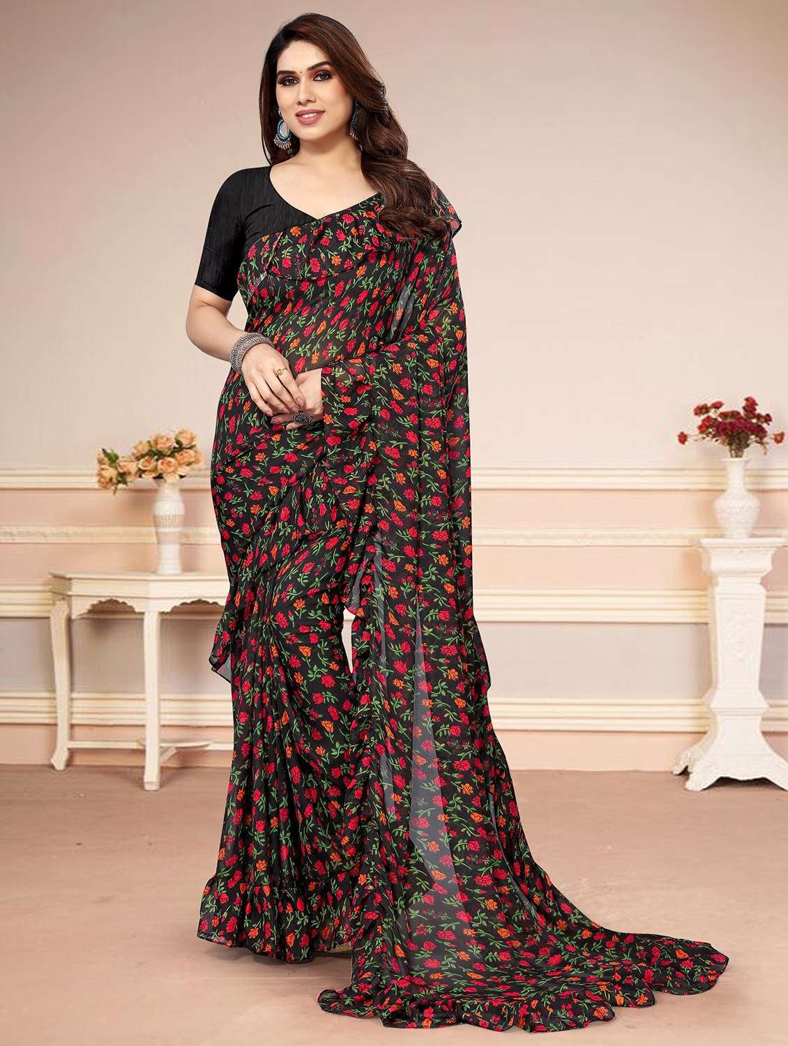 women floral printed ruffle saree with blouse