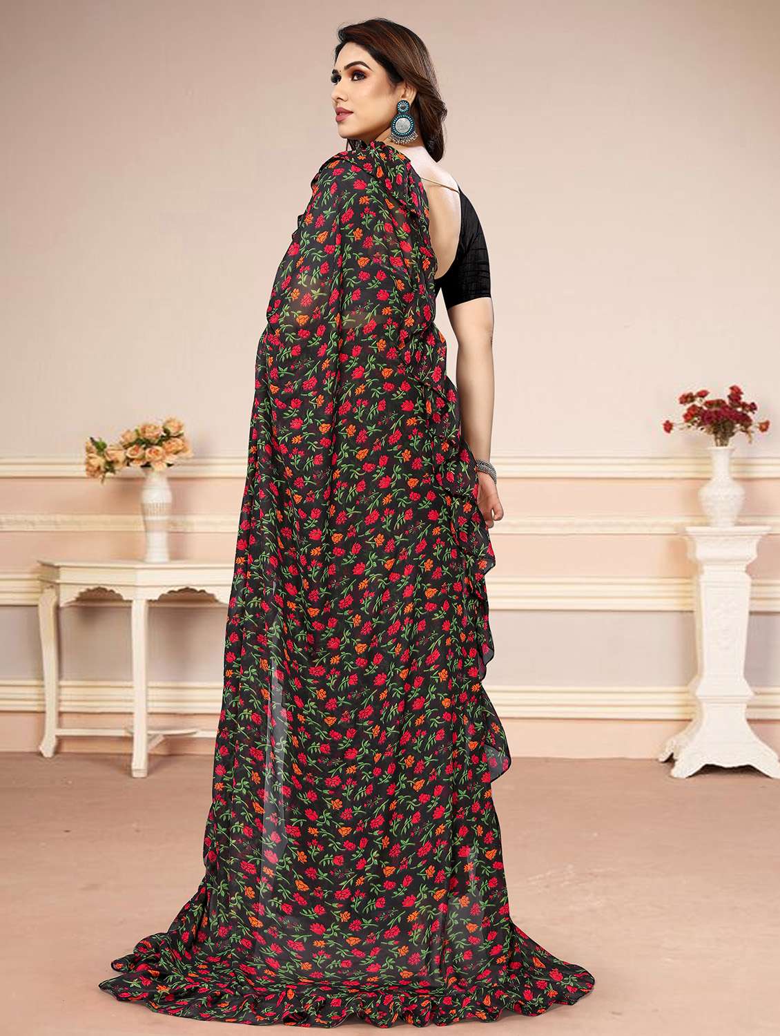 women floral printed ruffle saree with blouse - 20810957 -  Standard Image - 1