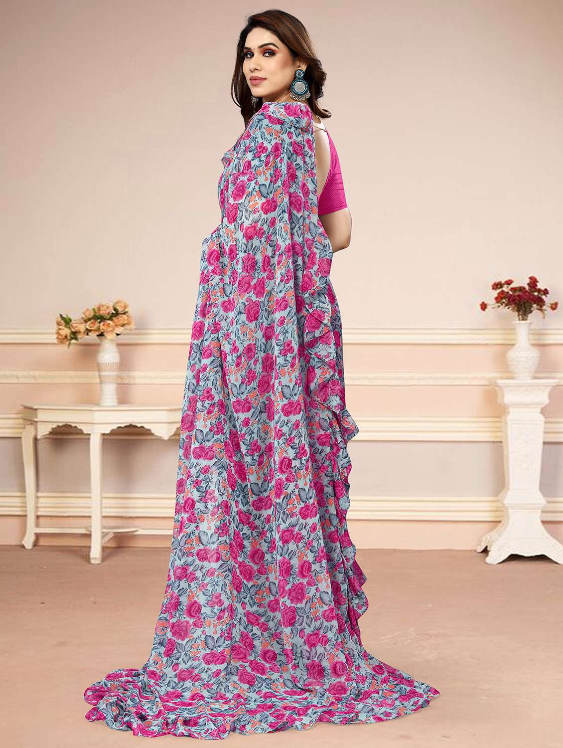 women floral printed ruffle saree with blouse - 20810959 -  Standard Image - 1