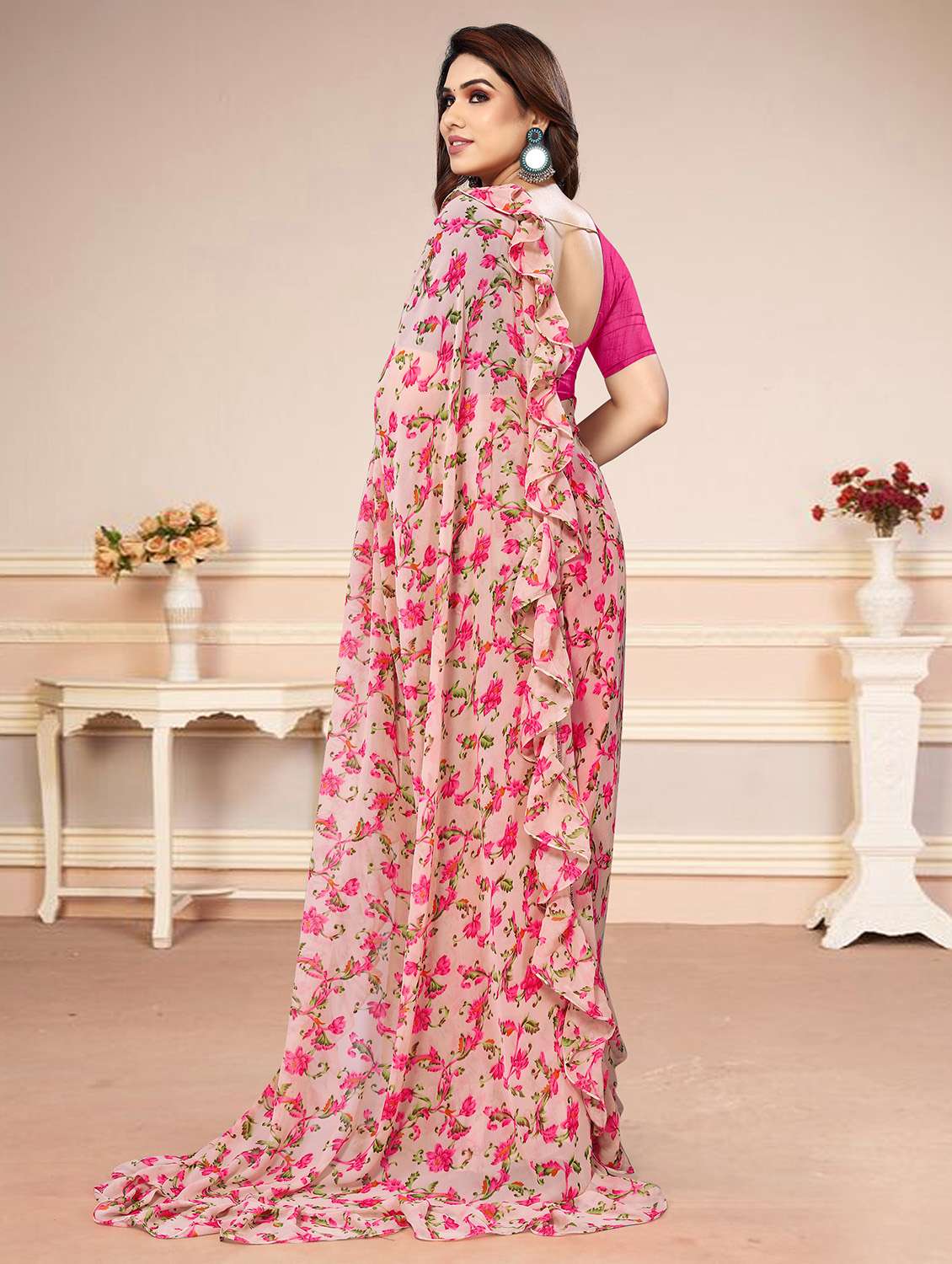 women floral printed ruffle saree with blouse - 20810960 -  Standard Image - 1