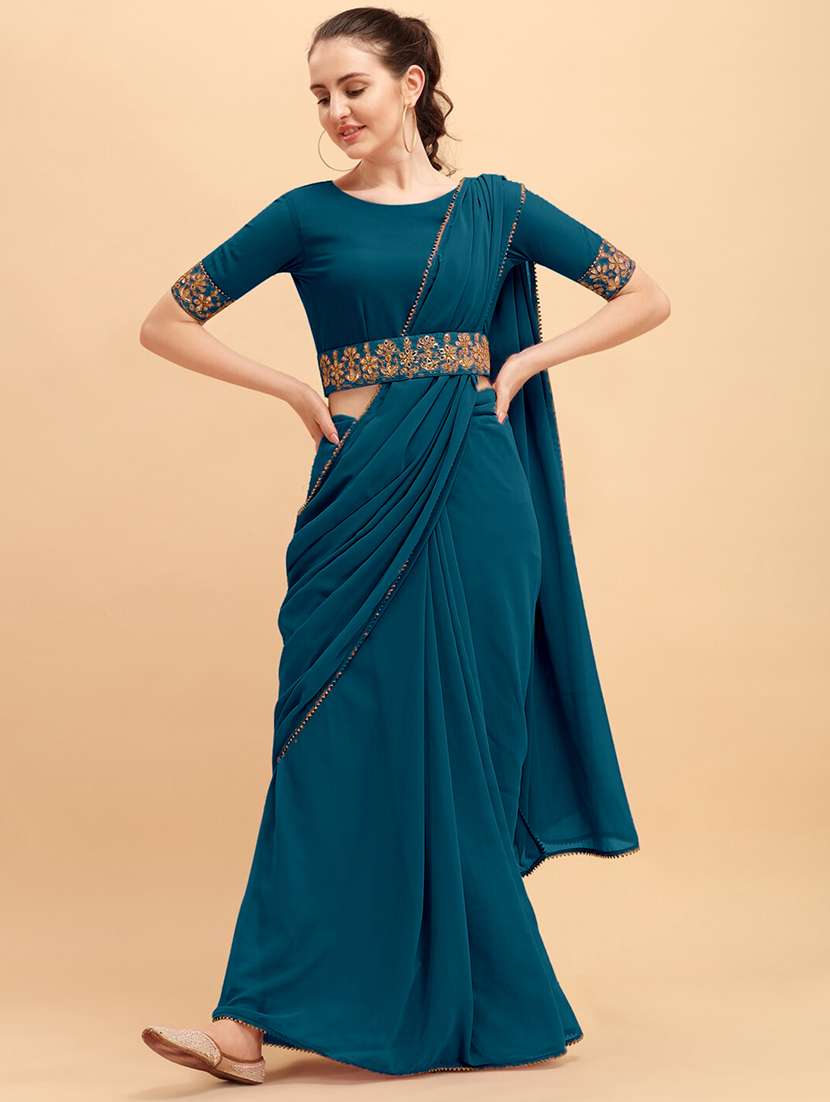 women teal embellished saree with blouse