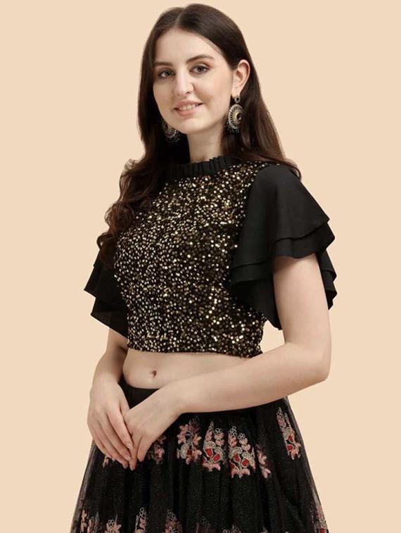 black gold seqins detailed crop top - 20811084 -  Standard Image - 1