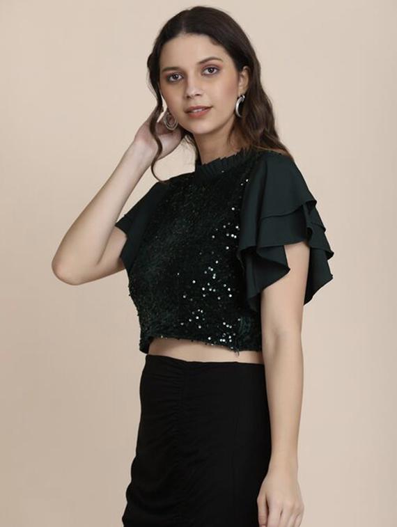 bottle green sequins detailed crop top - 20811087 -  Standard Image - 1