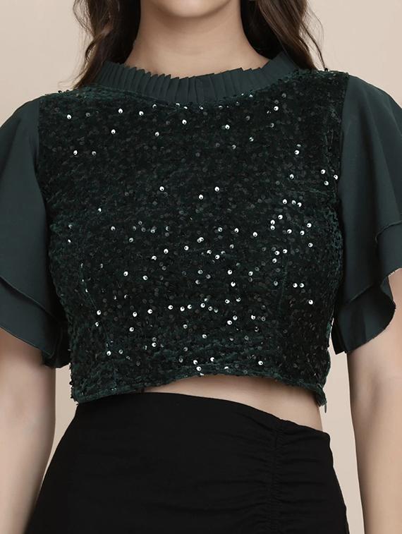 bottle green sequins detailed crop top - 20811087 - Standard Image - 4