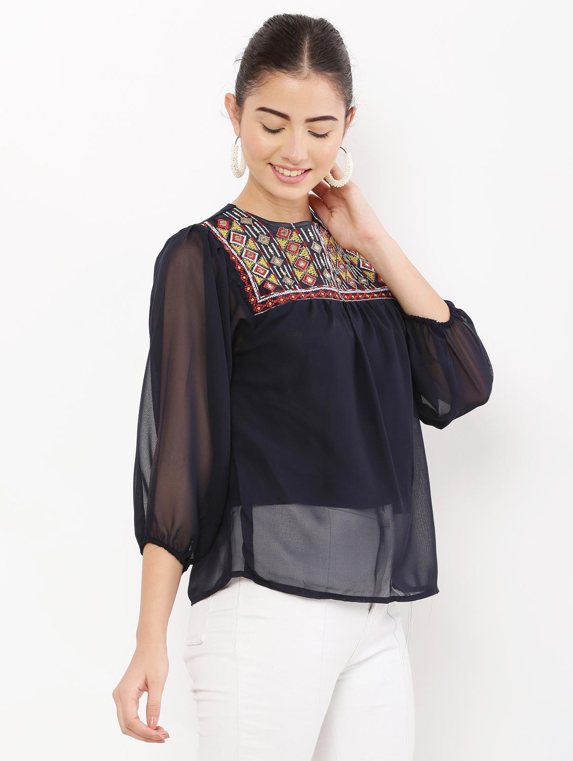 navy blue embroidered detailed regular top - 20811205 -  Standard Image - 1