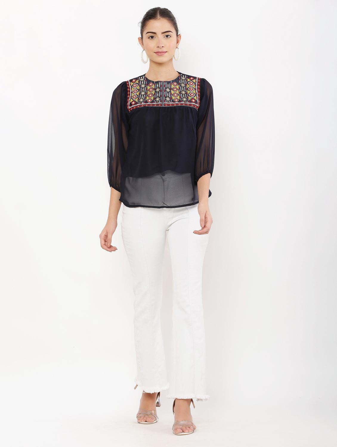 navy blue embroidered detailed regular top - 20811205 - Standard Image - 4