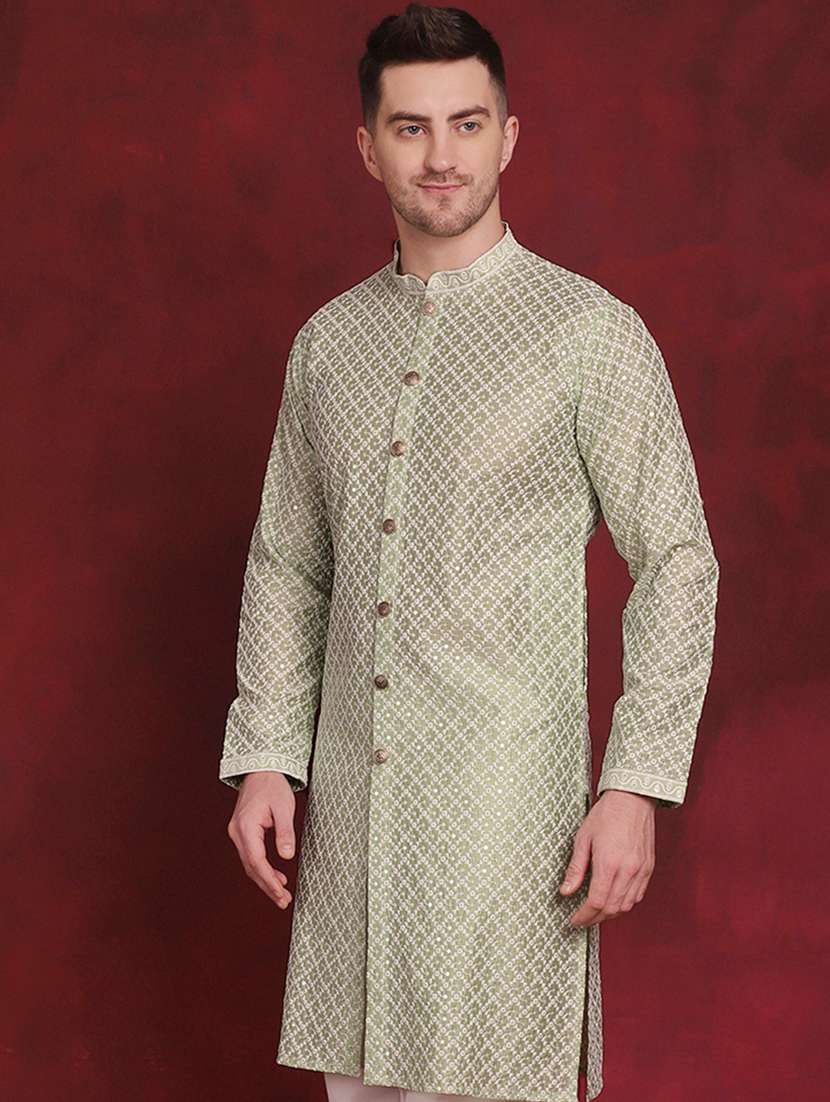 olive pure silk embroidered long kurta - 20811843 -  Standard Image - 1