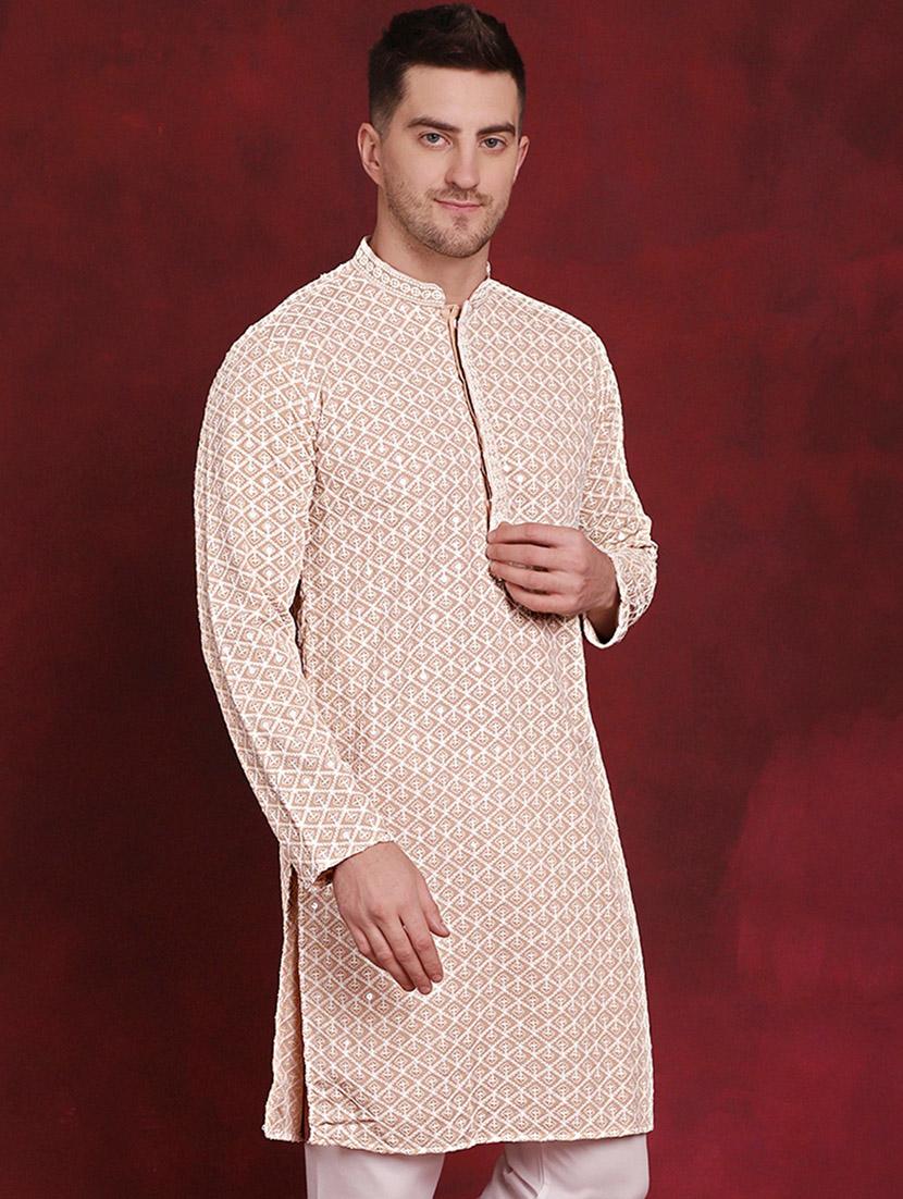 men solid with work mandarin neck long kurta - 20811845 - Standard Image - 1