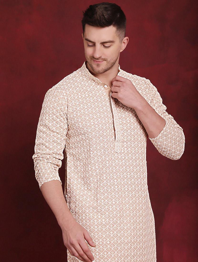 men solid with work mandarin neck long kurta - 20811845 - Standard Image - 4