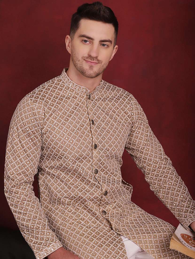 men mandarin neck embroidered long kurta - 20811863 -  Standard Image - 4