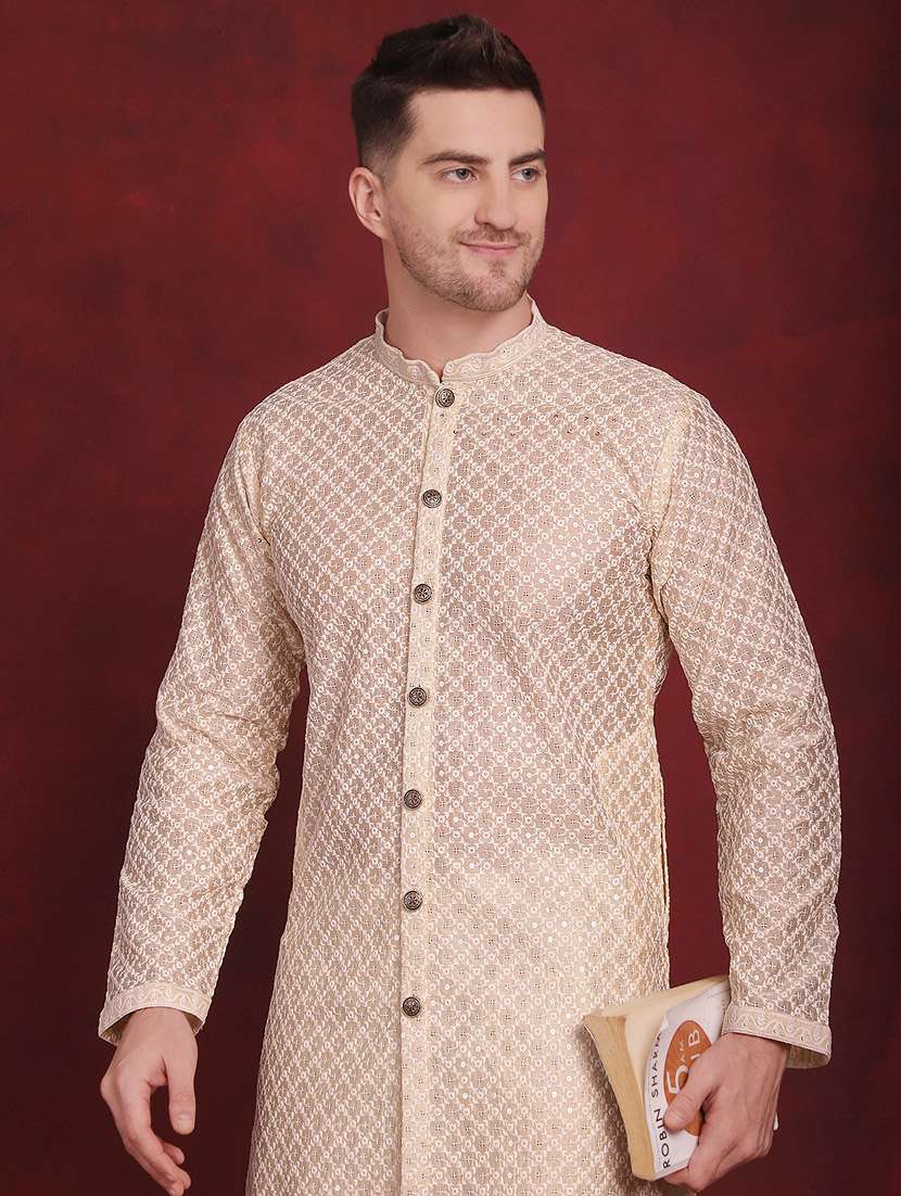 men mandarin neck embroidered long kurta - 20811864 -  Standard Image - 4