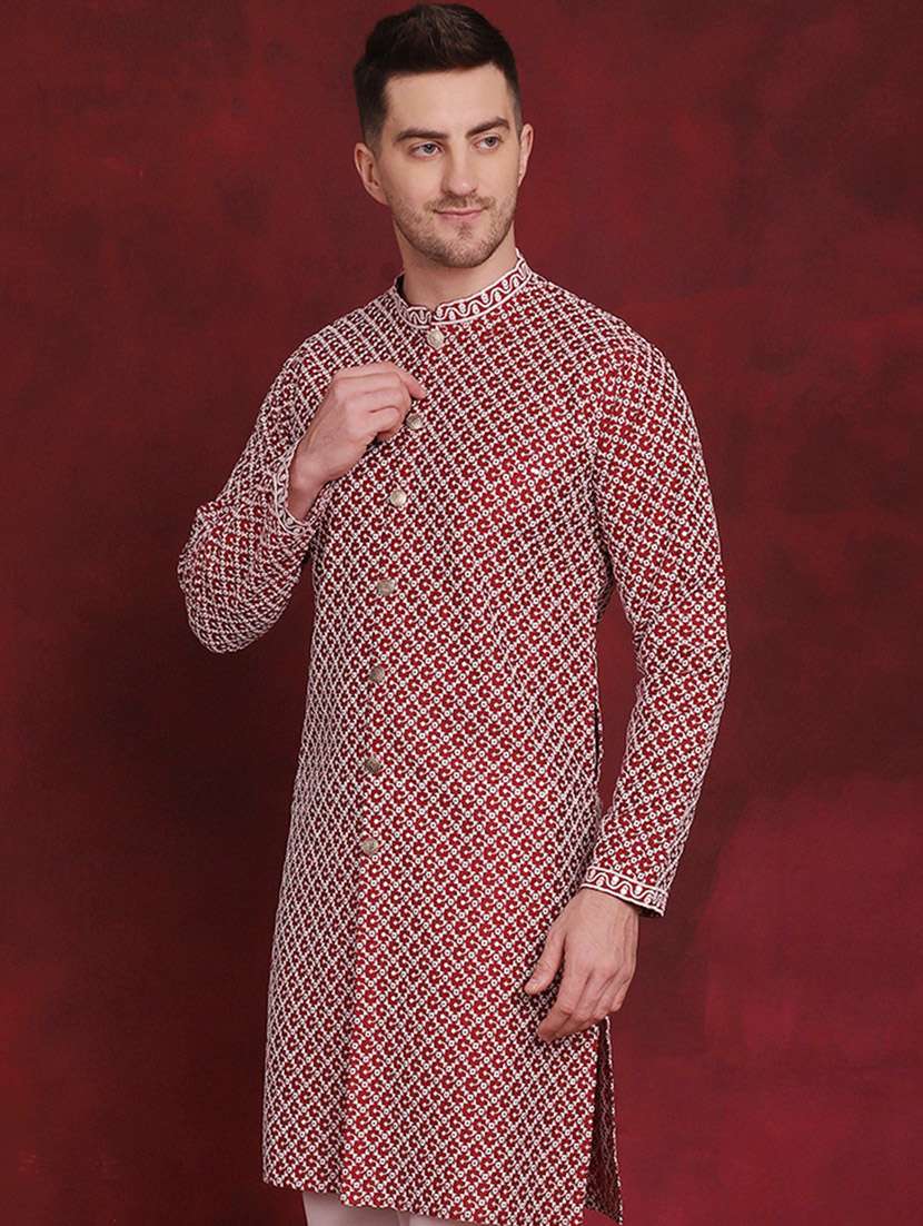 men mandarin neck embroidered long kurta - 20811865 -  Standard Image - 1