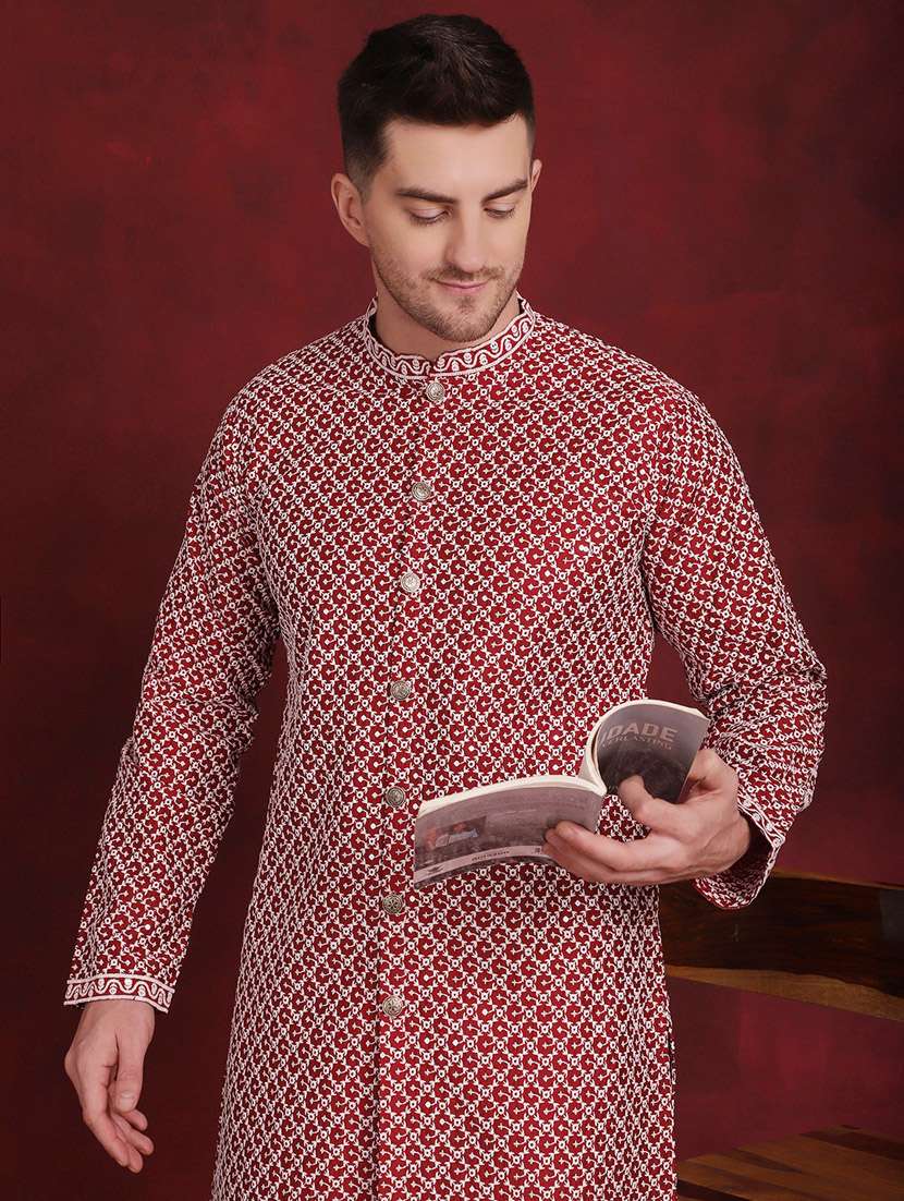 men mandarin neck embroidered long kurta - 20811865 -  Standard Image - 4