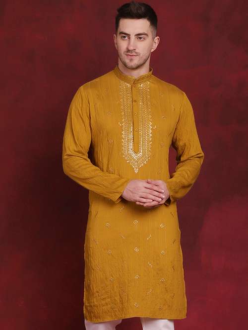 mustard embroidered viscose long kurta - 20811868 -  Standard Image - 0