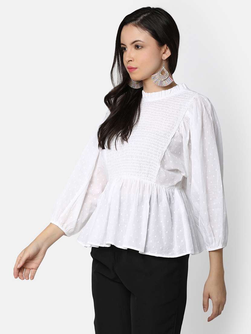 women white solid with work peplum top - 20812191 -  Standard Image - 1