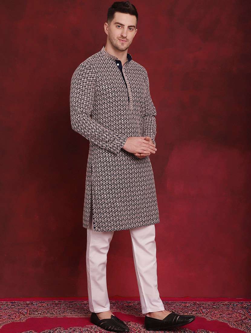 navy blue embroidered cotton kurta pyjama ethnic wear set - 20814644 -  Standard Image - 1