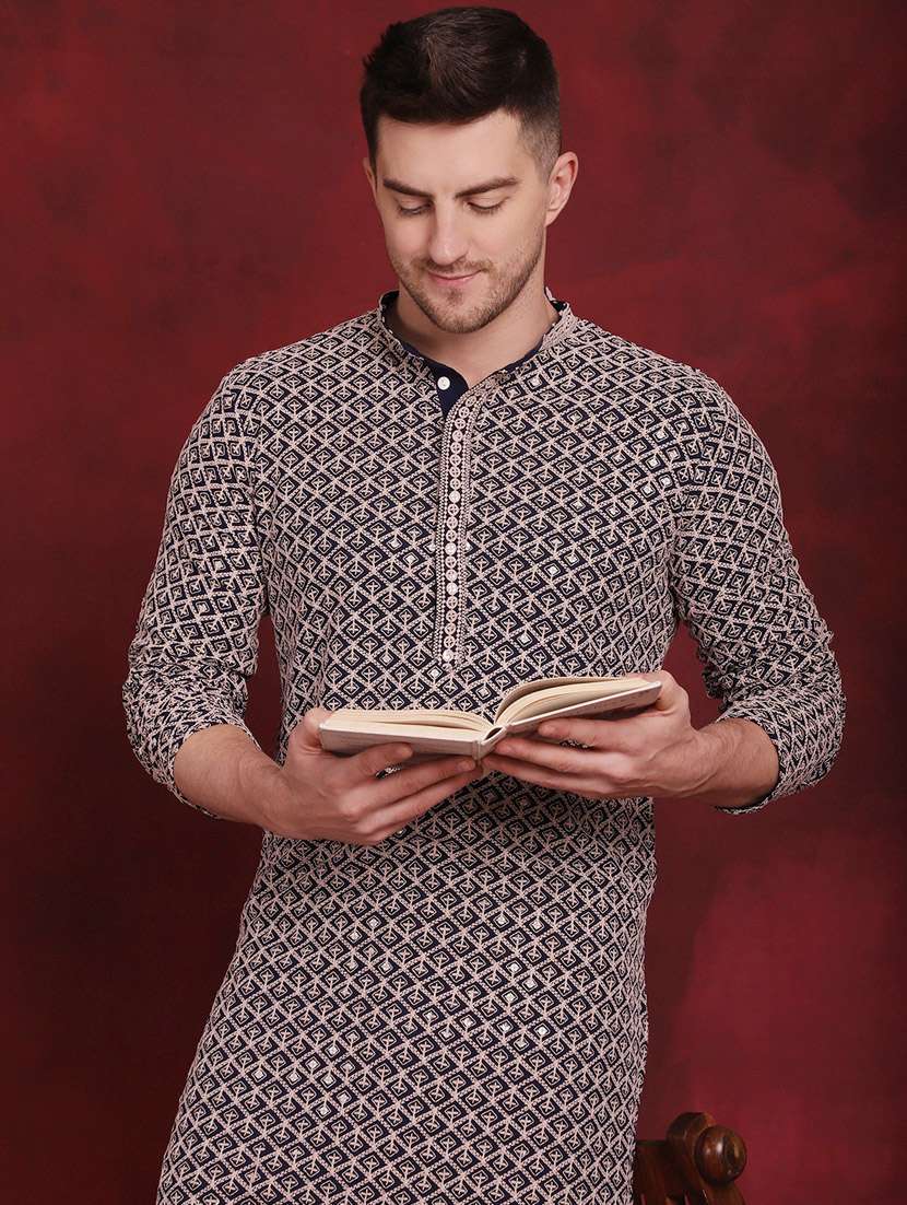 navy blue embroidered cotton kurta pyjama ethnic wear set - 20814644 -  Standard Image - 4