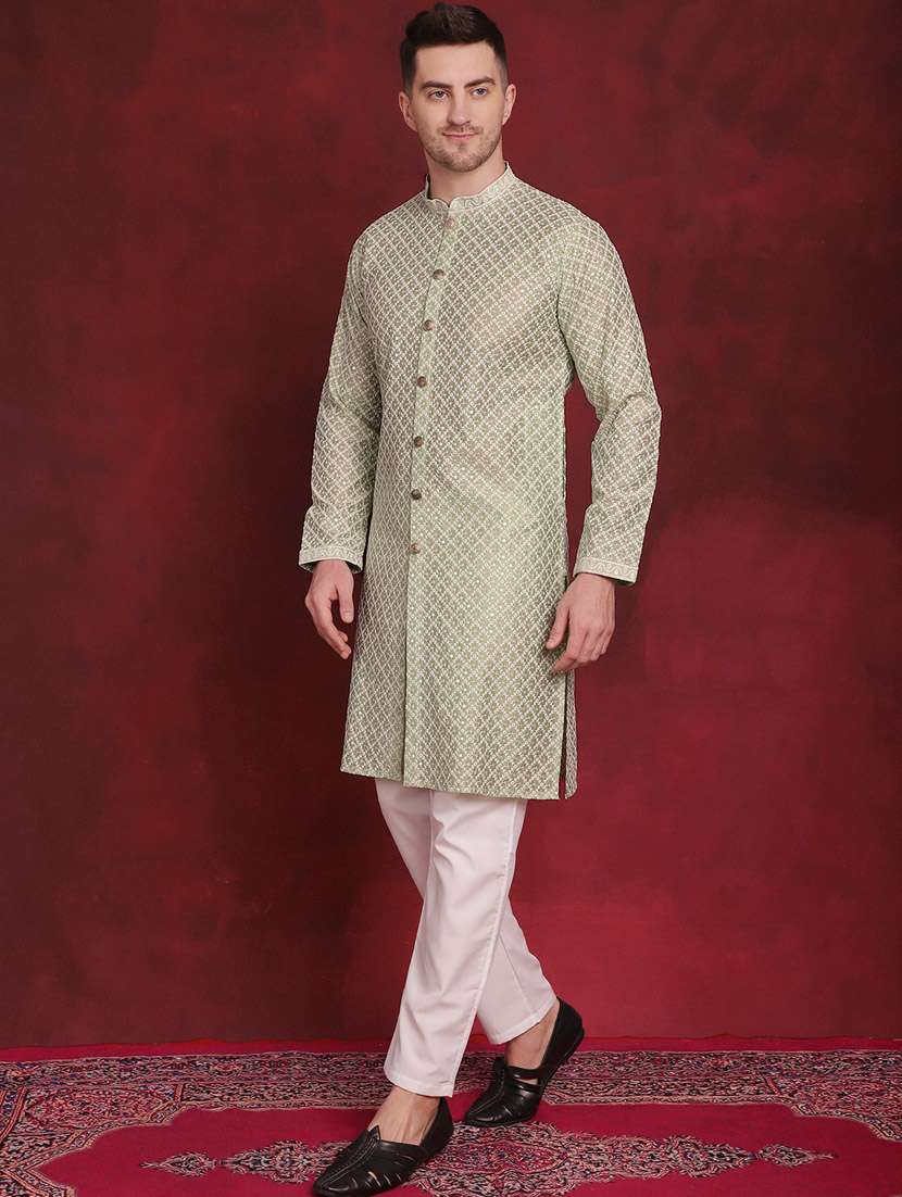 green embroidered detailed kurta & pajama set