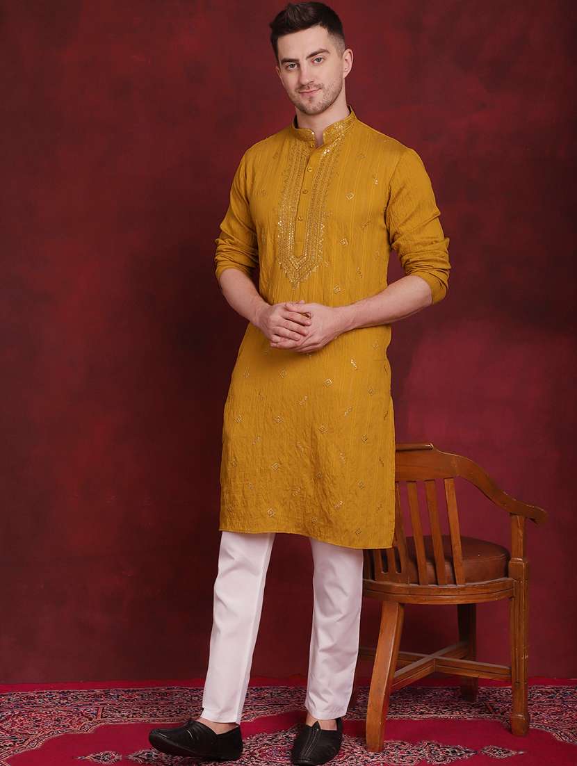 mustard self design sequined kurta & pyjama set - 20814656 -  Standard Image - 1