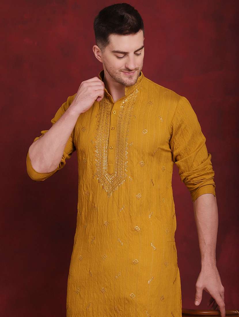 mustard self design sequined kurta & pyjama set - 20814656 -  Standard Image - 4