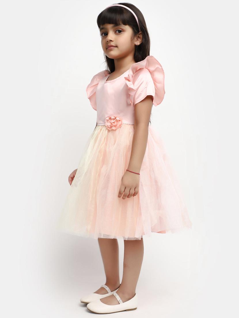 girls peach self design frock - 20815481 - Standard Image - 1