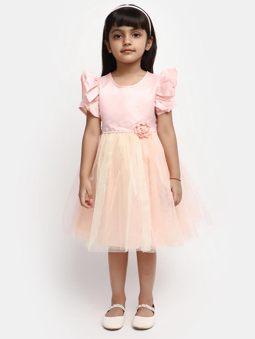 girls peach self design frock - 20815481 - Standard Image - 4