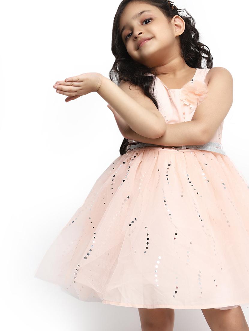 girls peach self design frock - 20815484 - Standard Image - 4