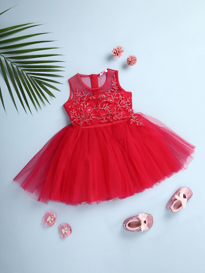 kids red self design detailed frock - 20815516 -  Standard Image - 1