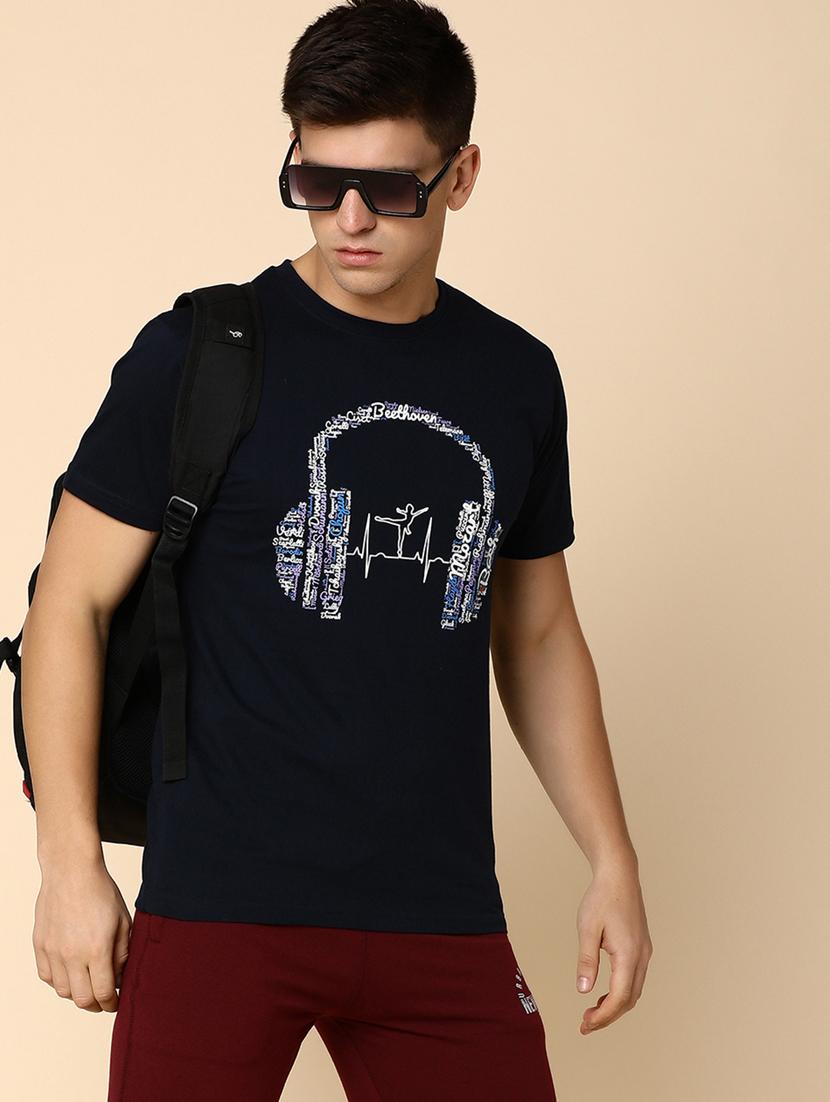 navy blue cotton chest print t-shirt - 20816066 - Standard Image - 1