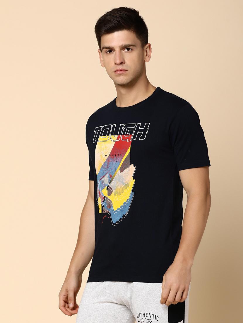 navy blue cotton front print t-shirt - 20816068 - Standard Image - 1