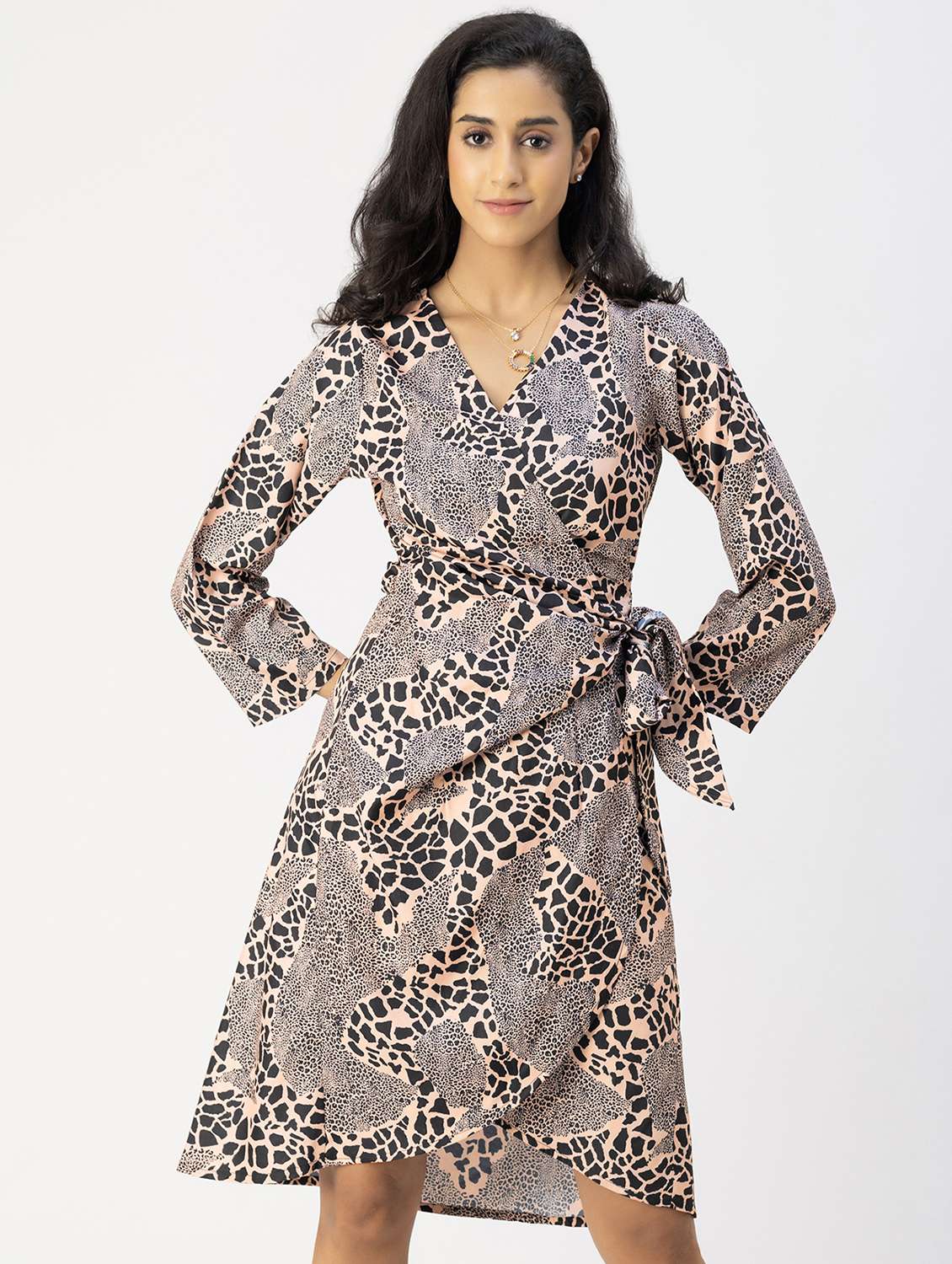 women beige printed wrap dress