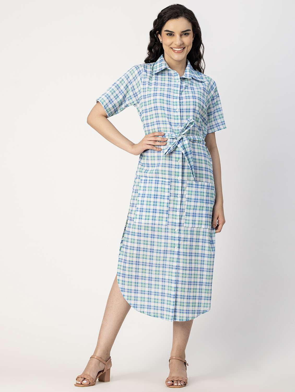 women blue check printed shirt dress