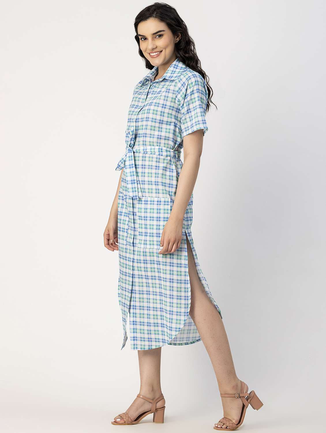 women blue check printed shirt dress - 20817236 -  Standard Image - 1
