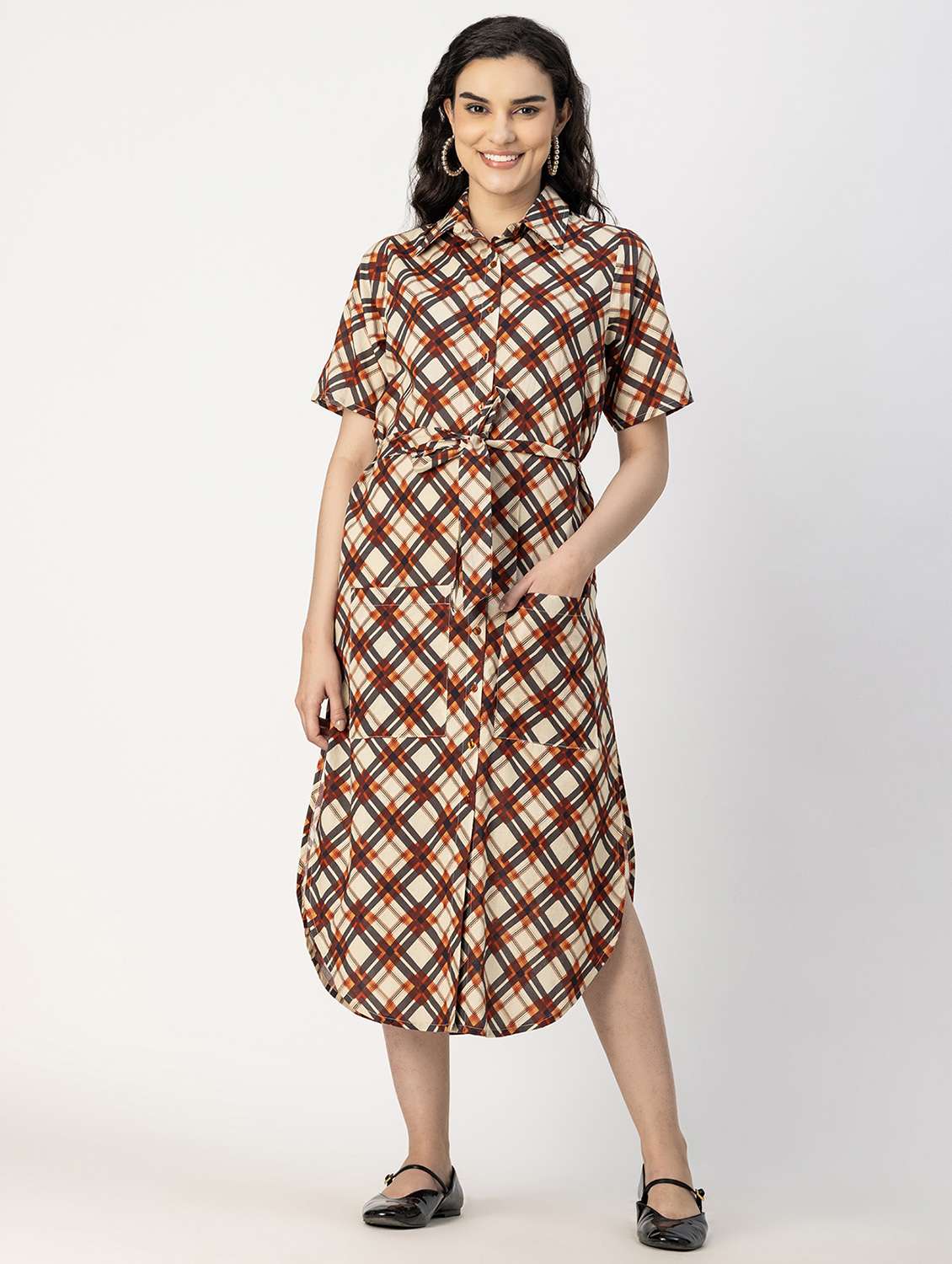 women beige check printed shirt dress