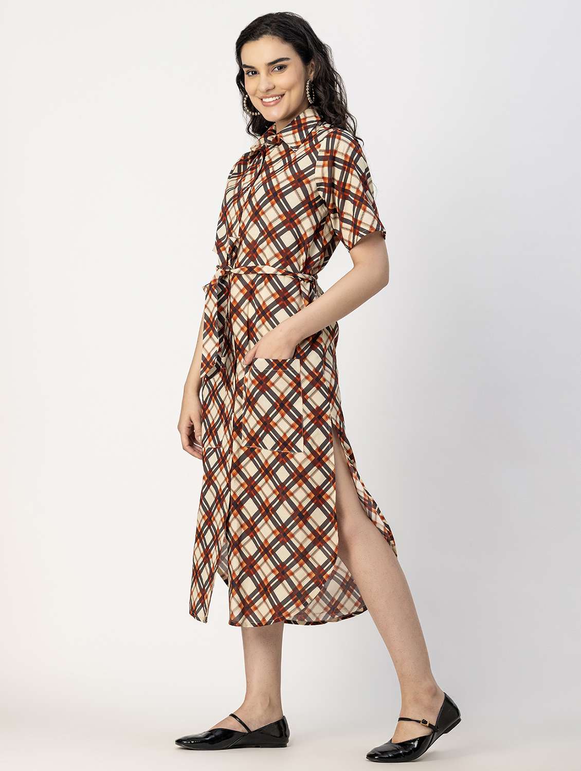 women beige check printed shirt dress - 20817237 -  Standard Image - 1