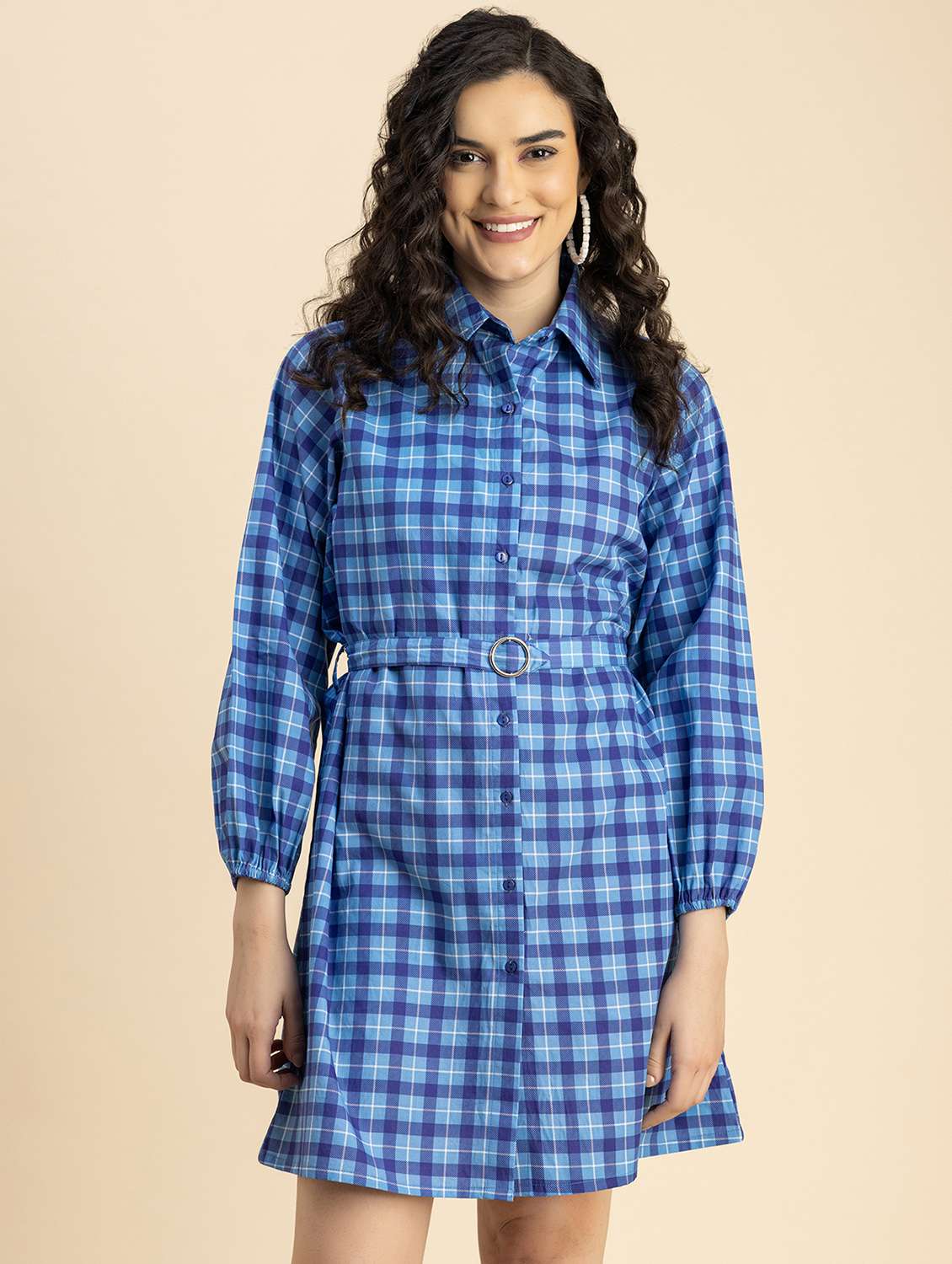 women blue check printed shirt dress
